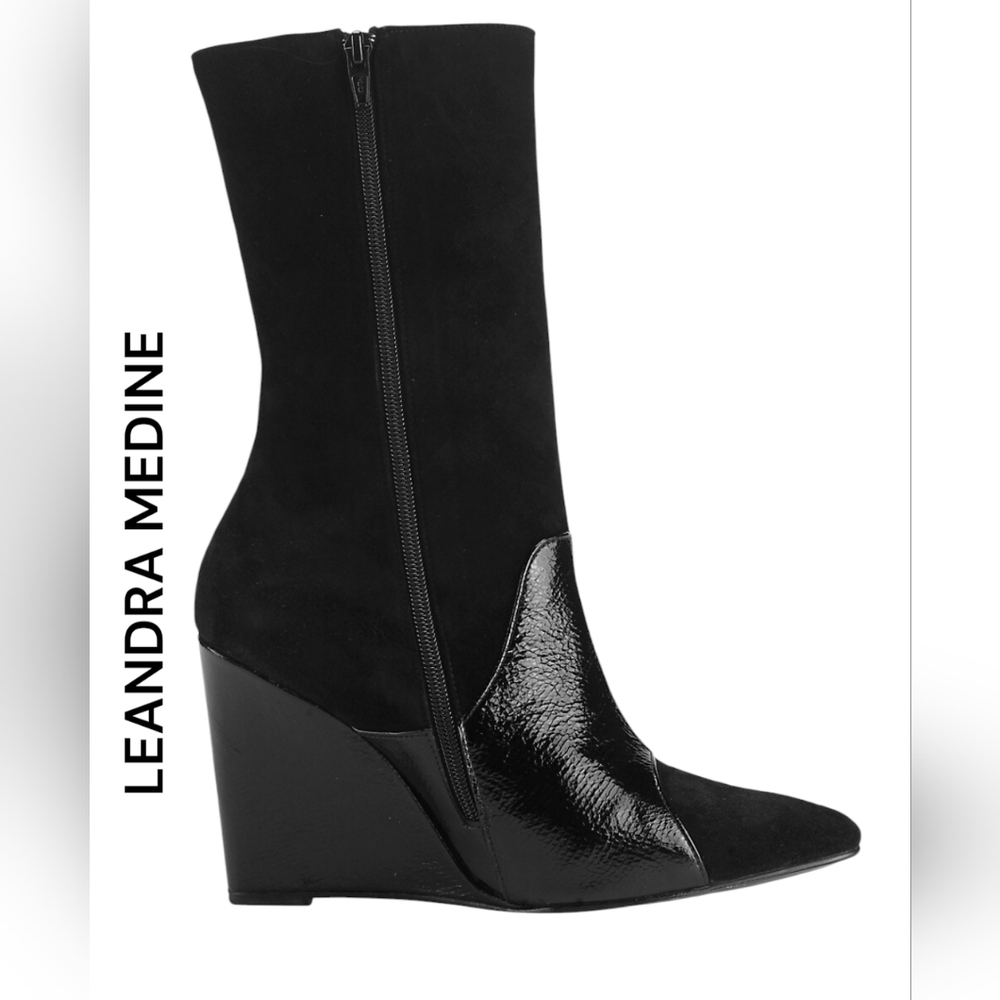 LEANDRA MEDINE BLACK LEATHER WEDGE BOOTS